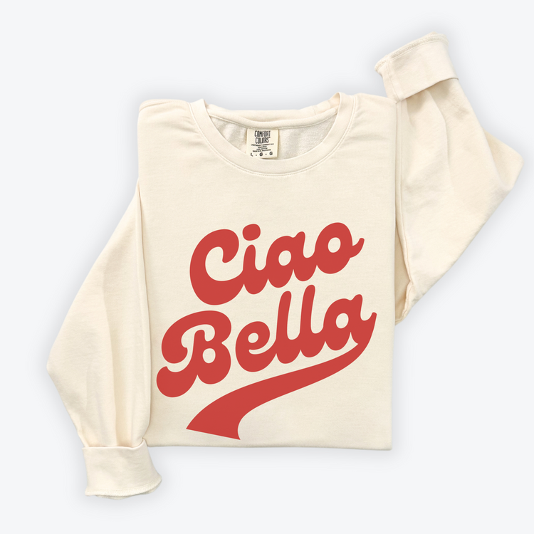 Unisex lightweight cotton Comfort Colors crewneck sweatshirt with “Ciao Bella” in retro style print, perfect for a fun, travel-inspired look for both men and women