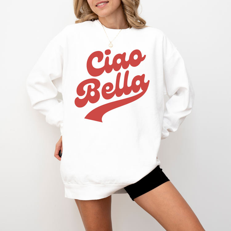 Unisex lightweight cotton Comfort Colors crewneck sweatshirt with “Ciao Bella” in retro style print, perfect for a fun, travel-inspired look for both men and women
