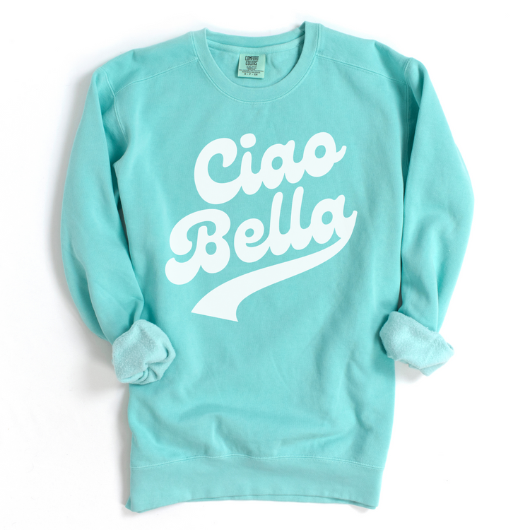 Unisex lightweight cotton Comfort Colors crewneck sweatshirt with “Ciao Bella” in retro style print, perfect for a fun, travel-inspired look for both men and women