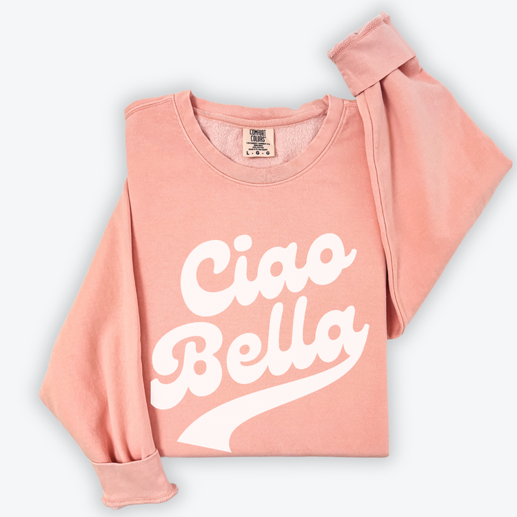 Unisex lightweight cotton Comfort Colors crewneck sweatshirt with “Ciao Bella” in retro style print, perfect for a fun, travel-inspired look for both men and women