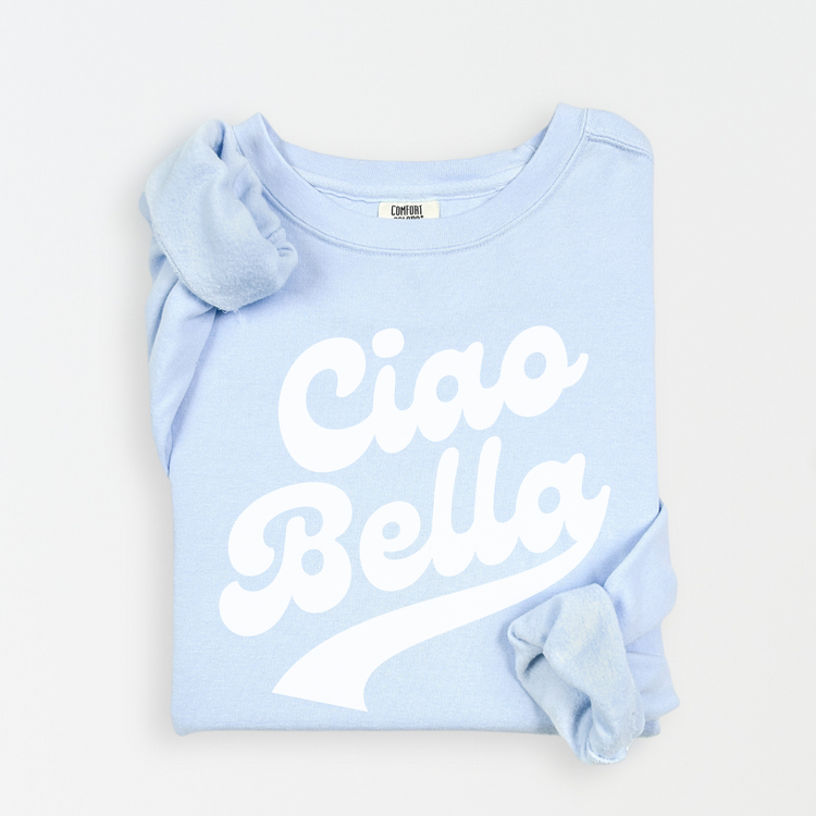 Unisex lightweight cotton Comfort Colors crewneck sweatshirt with “Ciao Bella” in retro style print, perfect for a fun, travel-inspired look for both men and women
