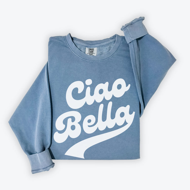 Unisex lightweight cotton Comfort Colors crewneck sweatshirt with “Ciao Bella” in retro style print, perfect for a fun, travel-inspired look for both men and women