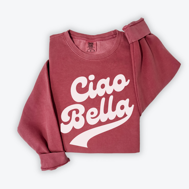 Unisex lightweight cotton Comfort Colors crewneck sweatshirt with “Ciao Bella” in retro style print, perfect for a fun, travel-inspired look for both men and women