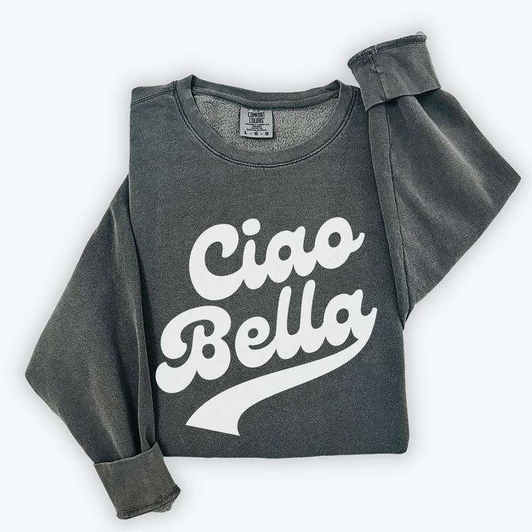 Unisex lightweight cotton Comfort Colors crewneck sweatshirt with “Ciao Bella” in retro style print, perfect for a fun, travel-inspired look for both men and women