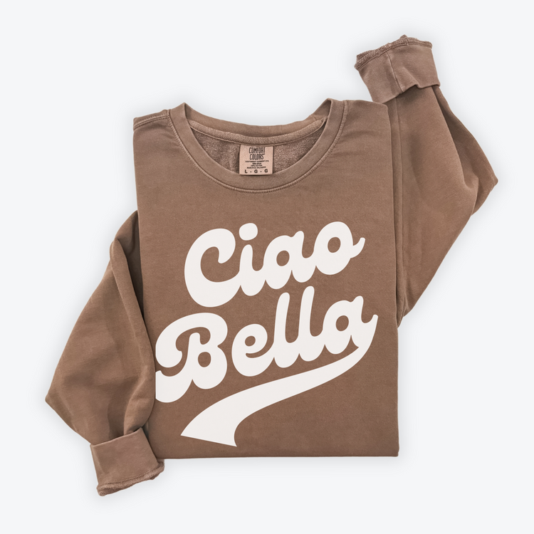 Unisex lightweight cotton Comfort Colors crewneck sweatshirt with “Ciao Bella” in retro style print, perfect for a fun, travel-inspired look for both men and women