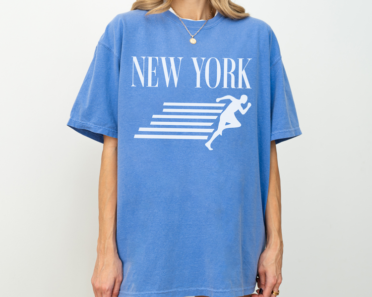 New York, Runner, Running, Vintage, Retro Style, Short Sleeve T-Shirt, White Print, Blue Shirt, On Model
