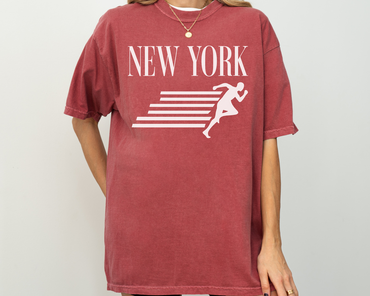 New York, Runner, Running, Vintage, Retro Style, Short Sleeve T-Shirt, White Print, Red Shirt, On Model
