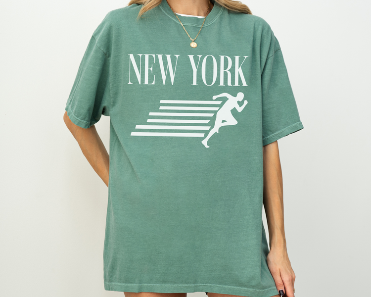 New York, Runner, Running, Vintage, Retro Style, Short Sleeve T-Shirt, White Print, Green Shirt, On Model
