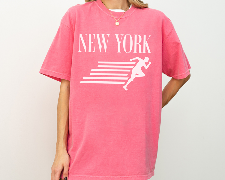 New York, Runner, Running, Vintage, Retro Style, Short Sleeve T-Shirt, White Print, Pink Shirt, On Model