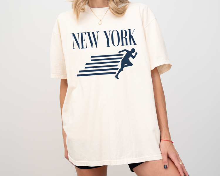 New York, Runner, Running, Vintage, Retro Style, Short Sleeve T-Shirt, Navy Print, Ivory Shirt, On Model
