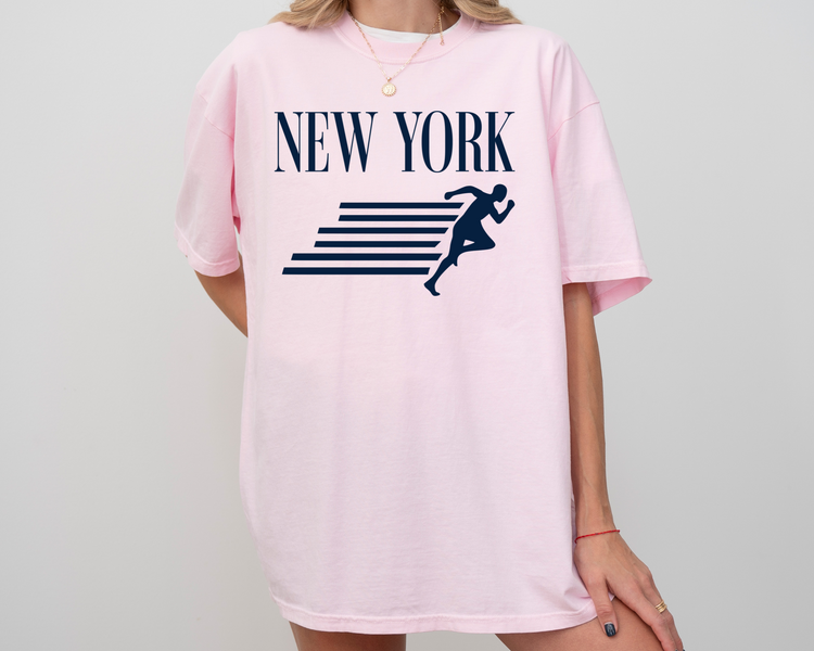 New York, Runner, Running, Vintage, Retro Style, Short Sleeve T-Shirt, Navy Print, Pink Shirt, On Model