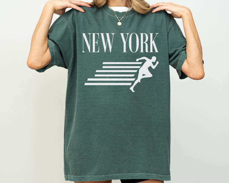 New York, Runner, Running, Vintage, Retro Style, Short Sleeve T-Shirt, White Print, Green Shirt, On Model