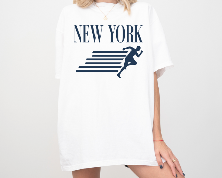 New York, Runner, Running, Vintage, Retro Style, Short Sleeve T-Shirt, Navy Print, White Shirt, On Model