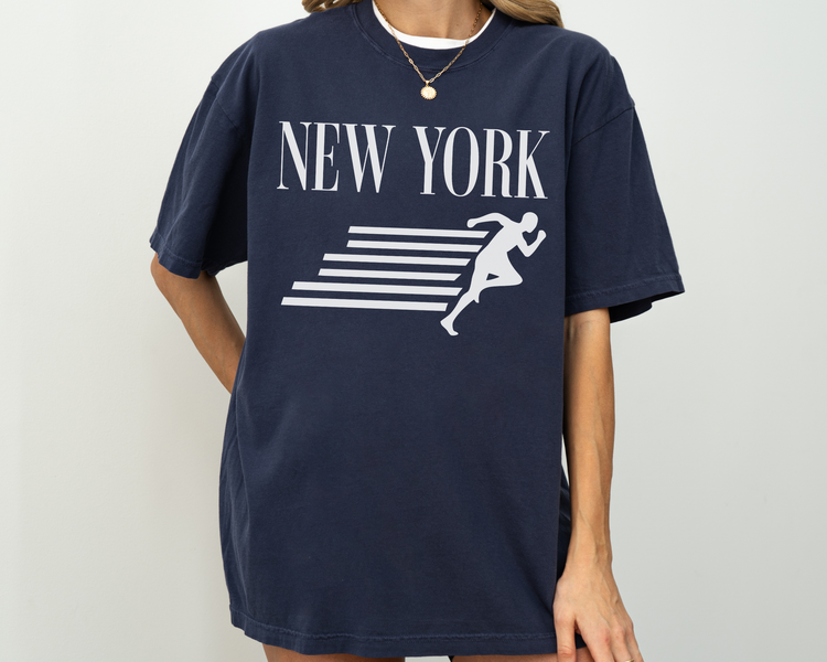 New York, Runner, Running, Vintage, Retro Style, Short Sleeve T-Shirt, White Print, Navy Shirt, On Model