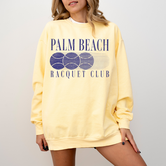 Palm Beach Racquet Club Comfort Colors Crewneck Sweatshirt with vintage retro grunge design, soft garment-dyed cotton for a relaxed fit.