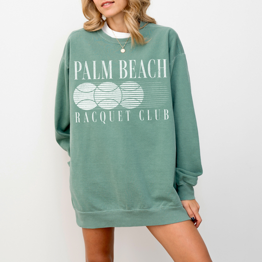 Palm Beach Racquet Club Comfort Colors Crewneck Sweatshirt with vintage retro grunge design, soft garment-dyed cotton for a relaxed fit.