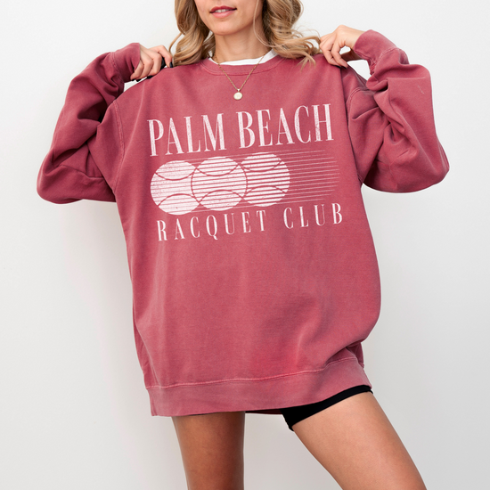 Palm Beach Racquet Club Comfort Colors Crewneck Sweatshirt with vintage retro grunge design, soft garment-dyed cotton for a relaxed fit.