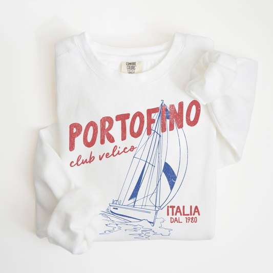 Portofino Club Velico lightweight crewneck sweatshirt with a vintage retro design and faded grunge look, inspired by the yachting culture of the Italian Riviera.