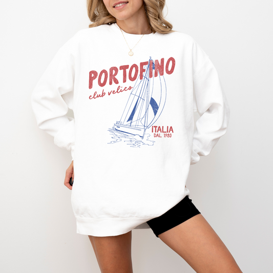 Portofino Club Velico lightweight crewneck sweatshirt with a vintage retro design and faded grunge look, inspired by the yachting culture of the Italian Riviera.