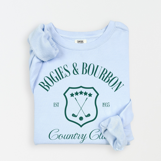 Lightweight cotton crewneck sweatshirt featuring a "Bogies & Bourbon" vintage design with old money country club vibes, perfect for golf outings and casual wear.