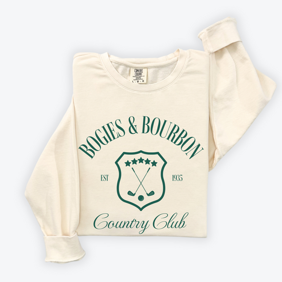 Lightweight cotton crewneck sweatshirt featuring a "Bogies & Bourbon" vintage design with old money country club vibes, perfect for golf outings and casual wear.