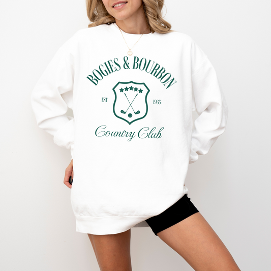 Lightweight cotton crewneck sweatshirt featuring a "Bogies & Bourbon" vintage design with old money country club vibes, perfect for golf outings and casual wear.