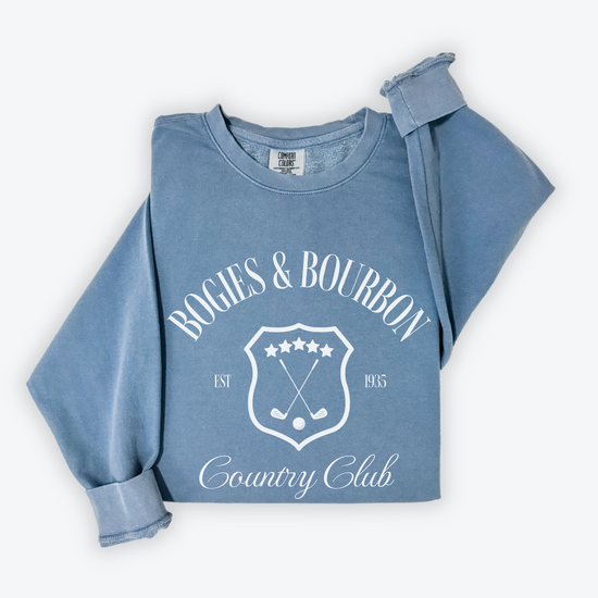 Lightweight cotton crewneck sweatshirt featuring a "Bogies & Bourbon" vintage design with old money country club vibes, perfect for golf outings and casual wear.