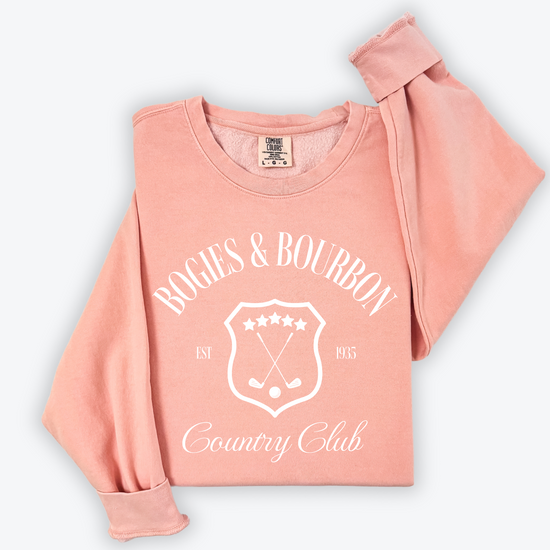 Lightweight cotton crewneck sweatshirt featuring a "Bogies & Bourbon" vintage design with old money country club vibes, perfect for golf outings and casual wear.