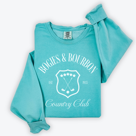 Lightweight cotton crewneck sweatshirt featuring a "Bogies & Bourbon" vintage design with old money country club vibes, perfect for golf outings and casual wear.