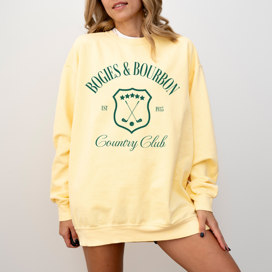 Lightweight cotton crewneck sweatshirt featuring a "Bogies & Bourbon" vintage design with old money country club vibes, perfect for golf outings and casual wear.