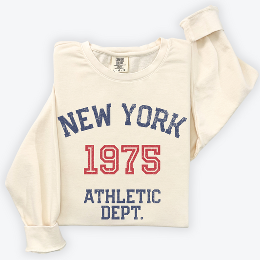 New York Athletic Department lightweight cotton crewneck sweatshirt with a vintage-inspired faded athletic design, crafted from soft cotton.