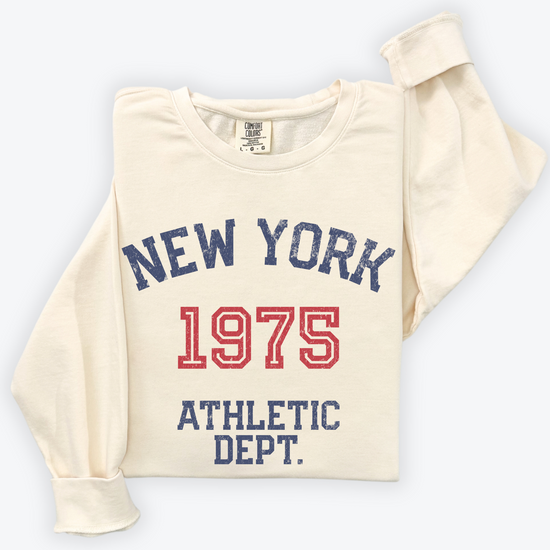 New York Athletic Department lightweight cotton crewneck sweatshirt with a vintage-inspired faded athletic design, crafted from soft cotton.