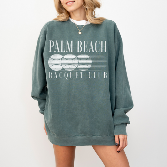 Palm Beach Racquet Club Comfort Colors Crewneck Sweatshirt with vintage retro grunge design, soft garment-dyed cotton for a relaxed fit.