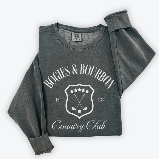 Lightweight cotton crewneck sweatshirt featuring a "Bogies & Bourbon" vintage design with old money country club vibes, perfect for golf outings and casual wear.
