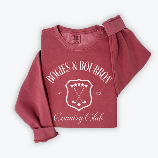 Lightweight cotton crewneck sweatshirt featuring a "Bogies & Bourbon" vintage design with old money country club vibes, perfect for golf outings and casual wear.