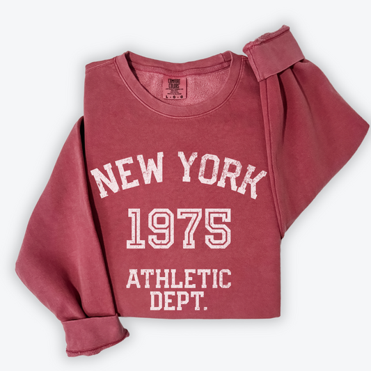 New York Athletic Department lightweight cotton crewneck sweatshirt with a vintage-inspired faded athletic design, crafted from soft cotton.