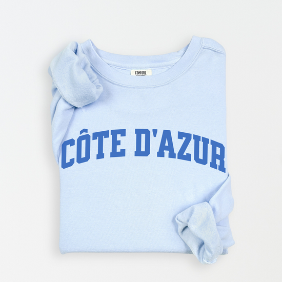 Côte d'Azur Comfort Colors lightweight cotton crewneck sweatshirt in a simple, sporty university font, perfect for travel days with a relaxed and comfortable fit.