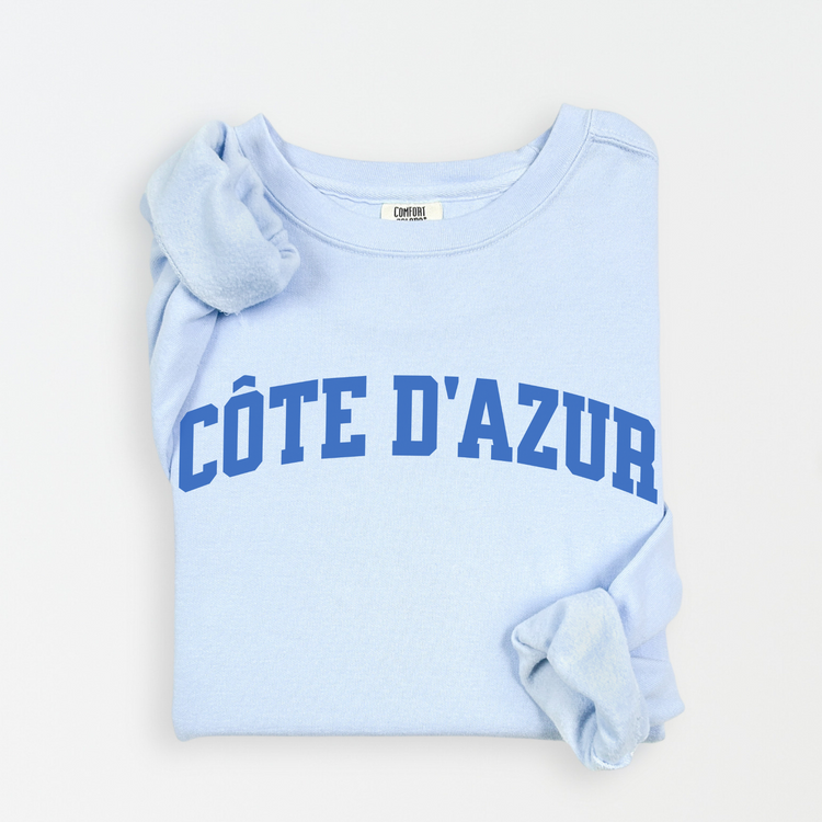 Côte d'Azur Comfort Colors lightweight cotton crewneck sweatshirt in a simple, sporty university font, perfect for travel days with a relaxed and comfortable fit.