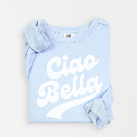 Unisex lightweight cotton Comfort Colors crewneck sweatshirt with “Ciao Bella” in retro style print, perfect for a fun, travel-inspired look for both men and women