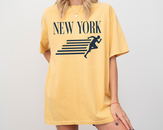 New York, Runner, Running, Vintage, Retro Style, Short Sleeve T-Shirt, Navy Print, Yellow Shirt, On Model